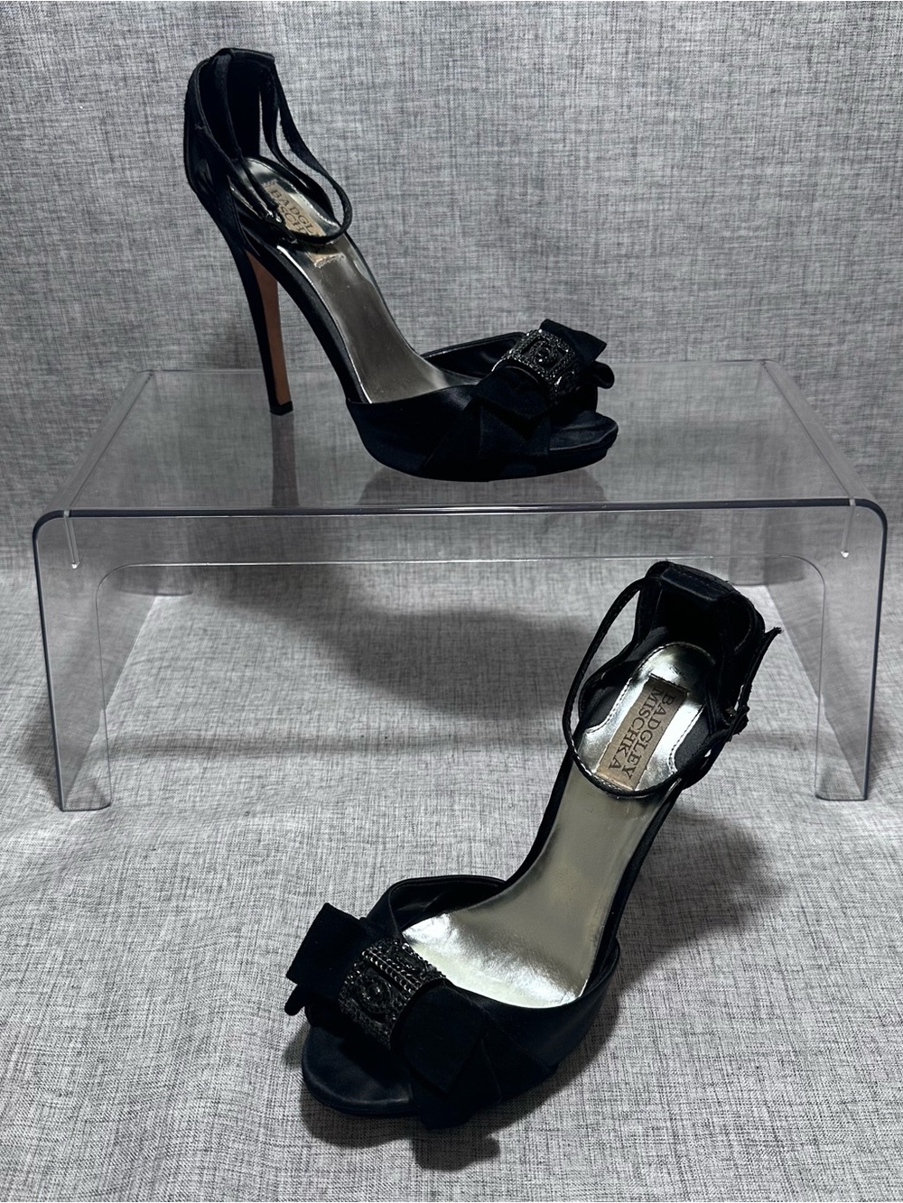Badgley Mischka Black Satin Bow Peep-Toe Heels with Jeweled Buckle
